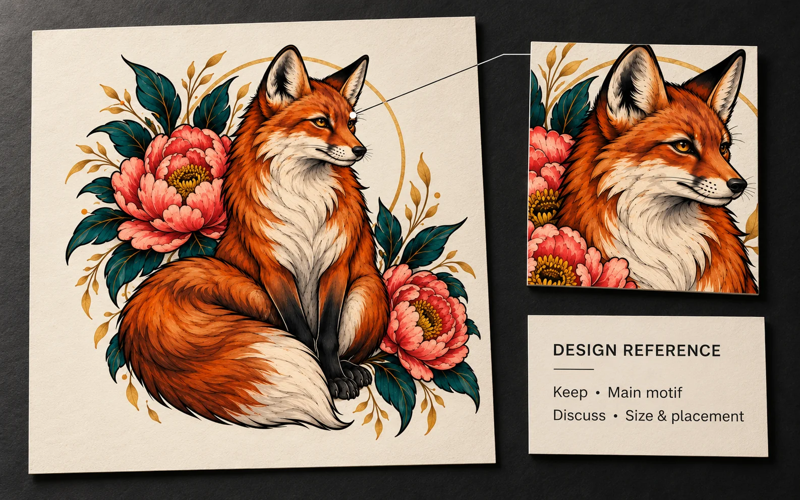 AI fox tattoo design reference board with an illustrative detail and notes for an artist discussion