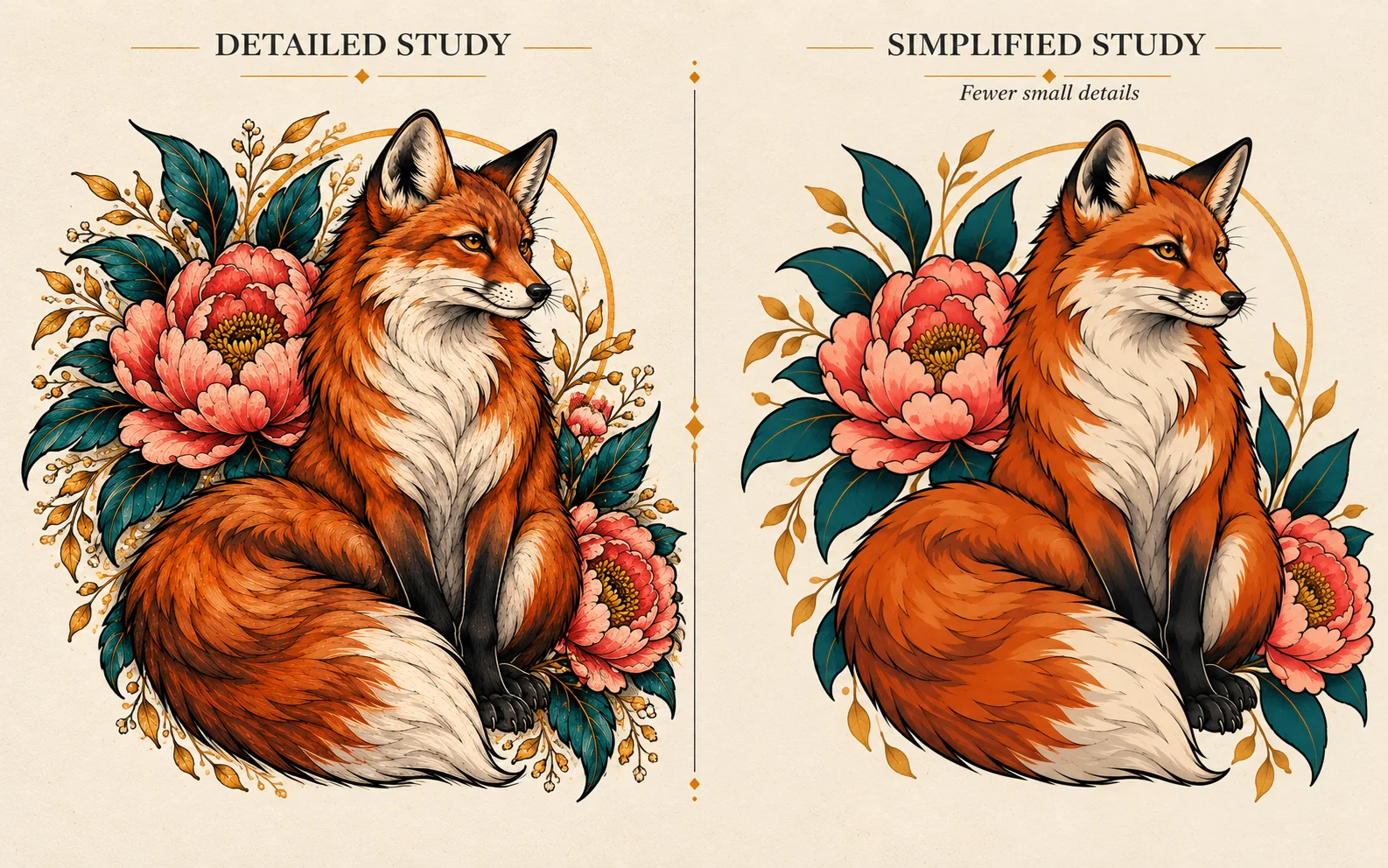 AI fox tattoo design studies comparing detailed and simplified floral compositions