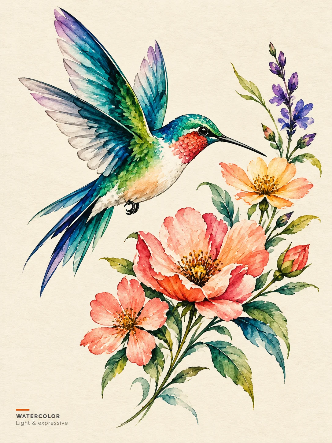 AI watercolor hummingbird and floral tattoo concept labeled Light and expressive