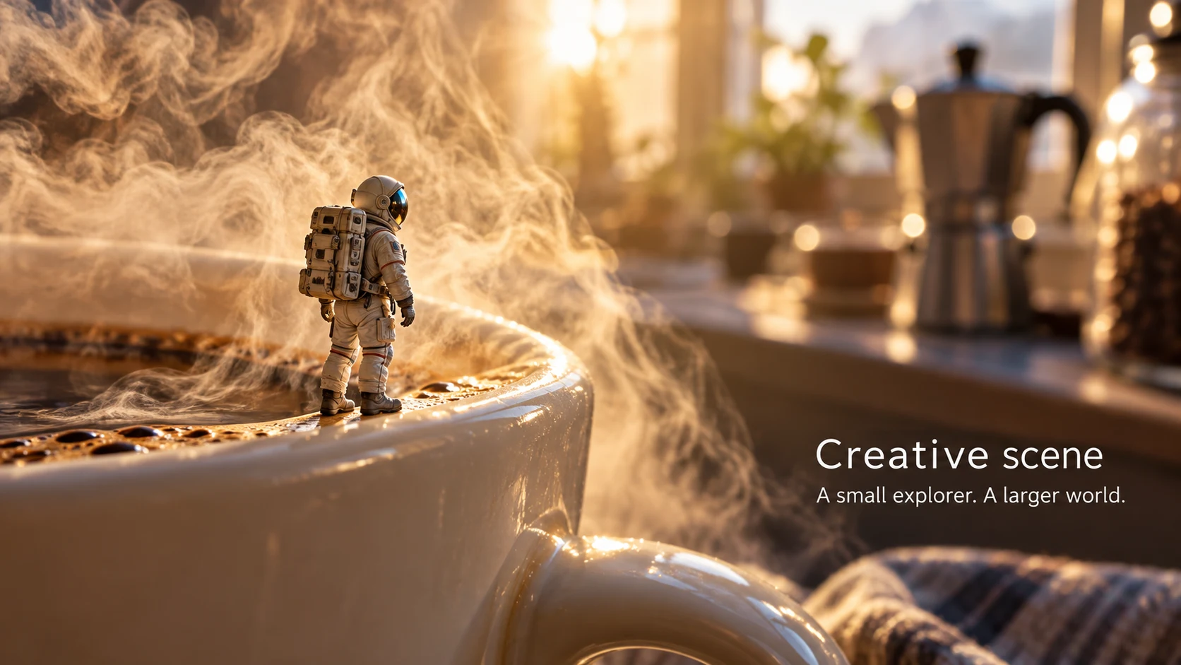 Miniature astronaut exploring the rim of a steaming coffee cup in a creative scene concept