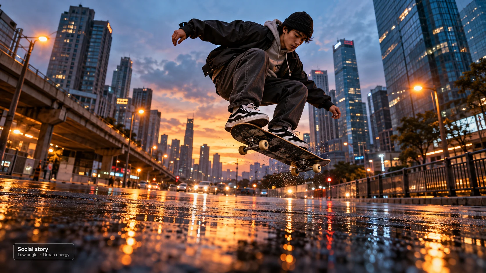 Skateboarder jumping over a wet city street at dusk in an urban social story concept