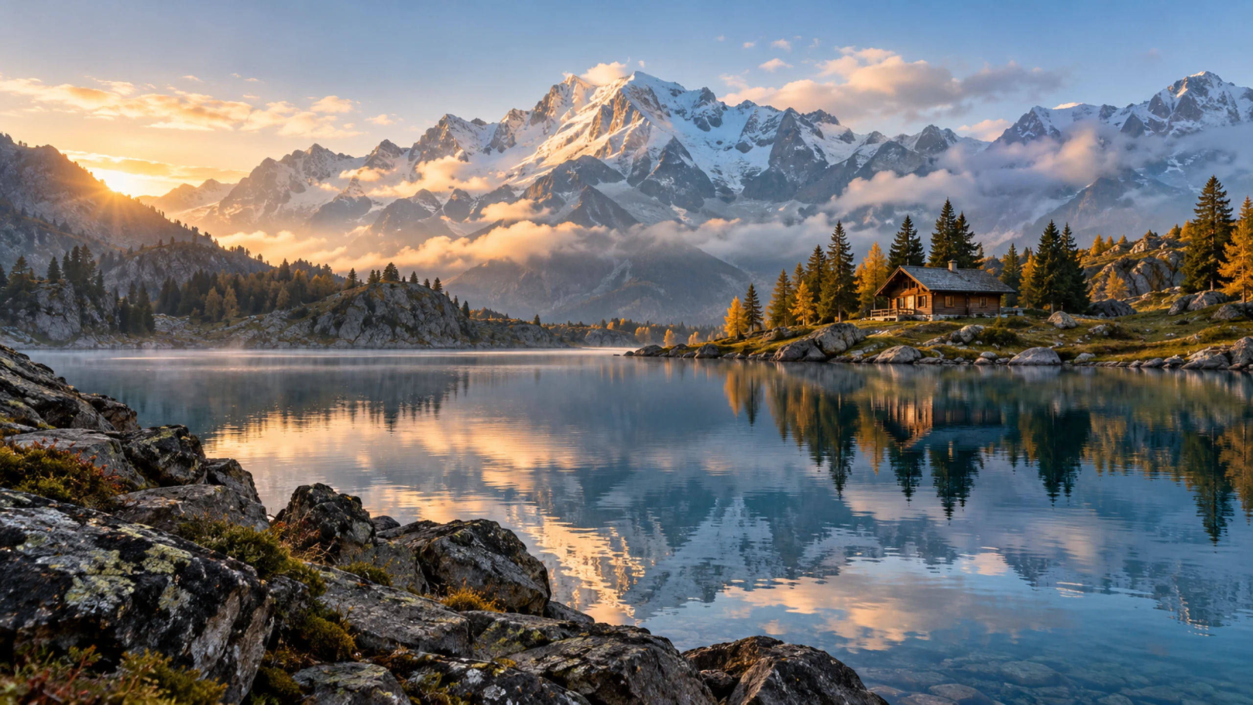 Snow-covered mountains reflected in an alpine lake beside a wooden cabin