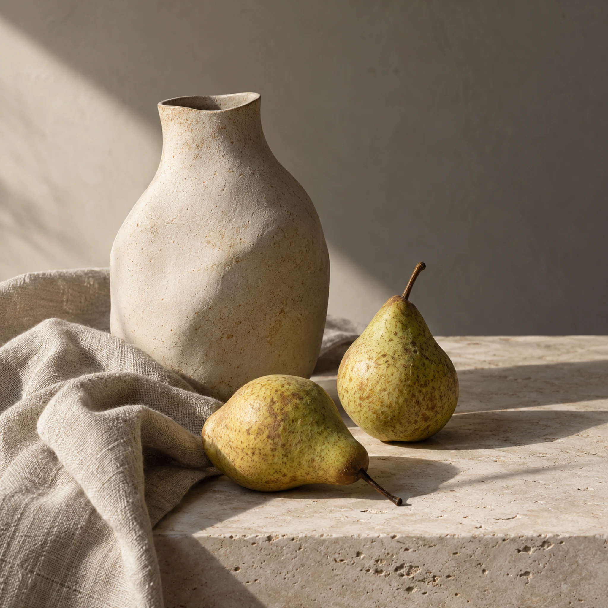 Cream ceramic vase and two pears arranged on linen
