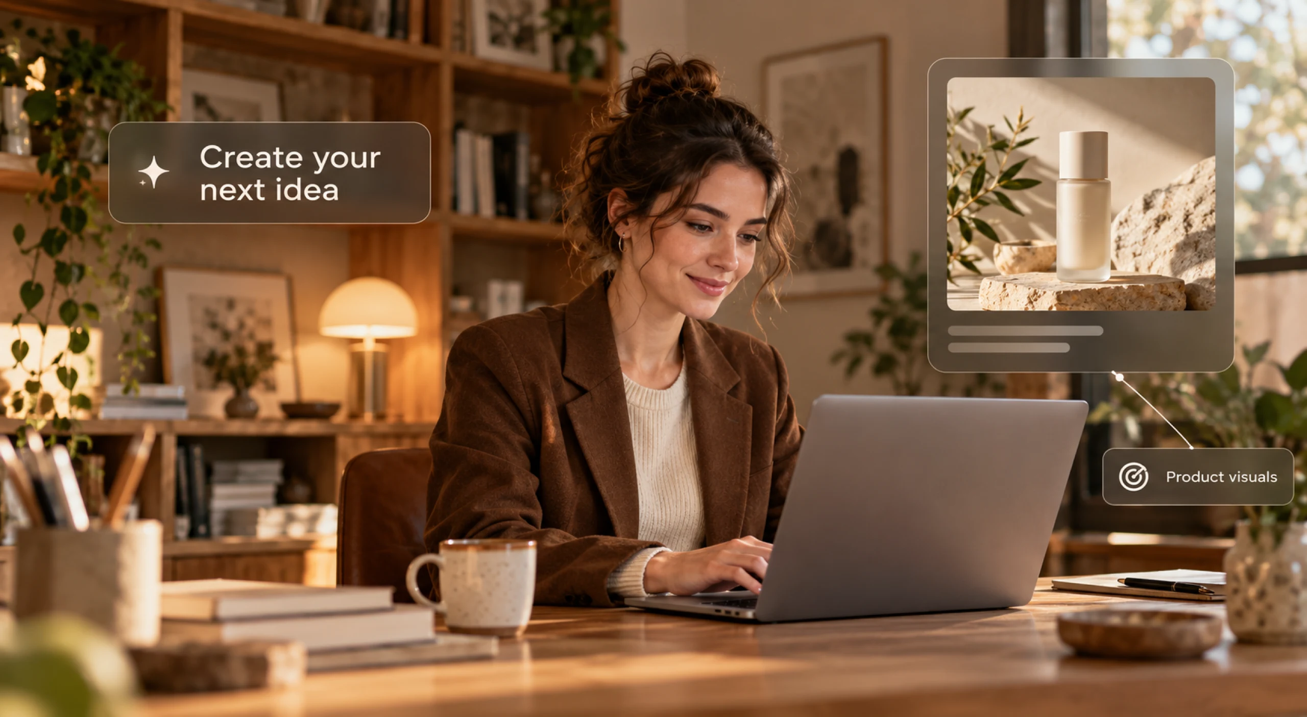 Creator using a laptop alongside skincare product marketing visuals