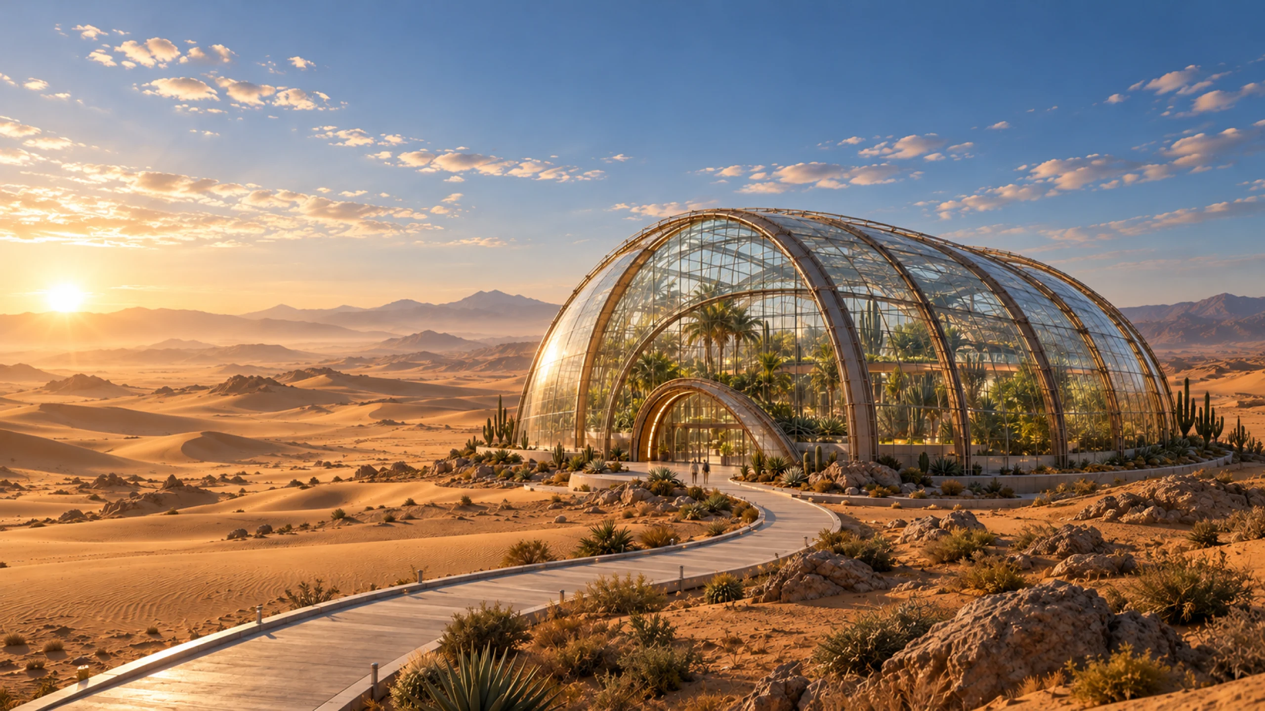 Large glass botanical greenhouse in a desert landscape