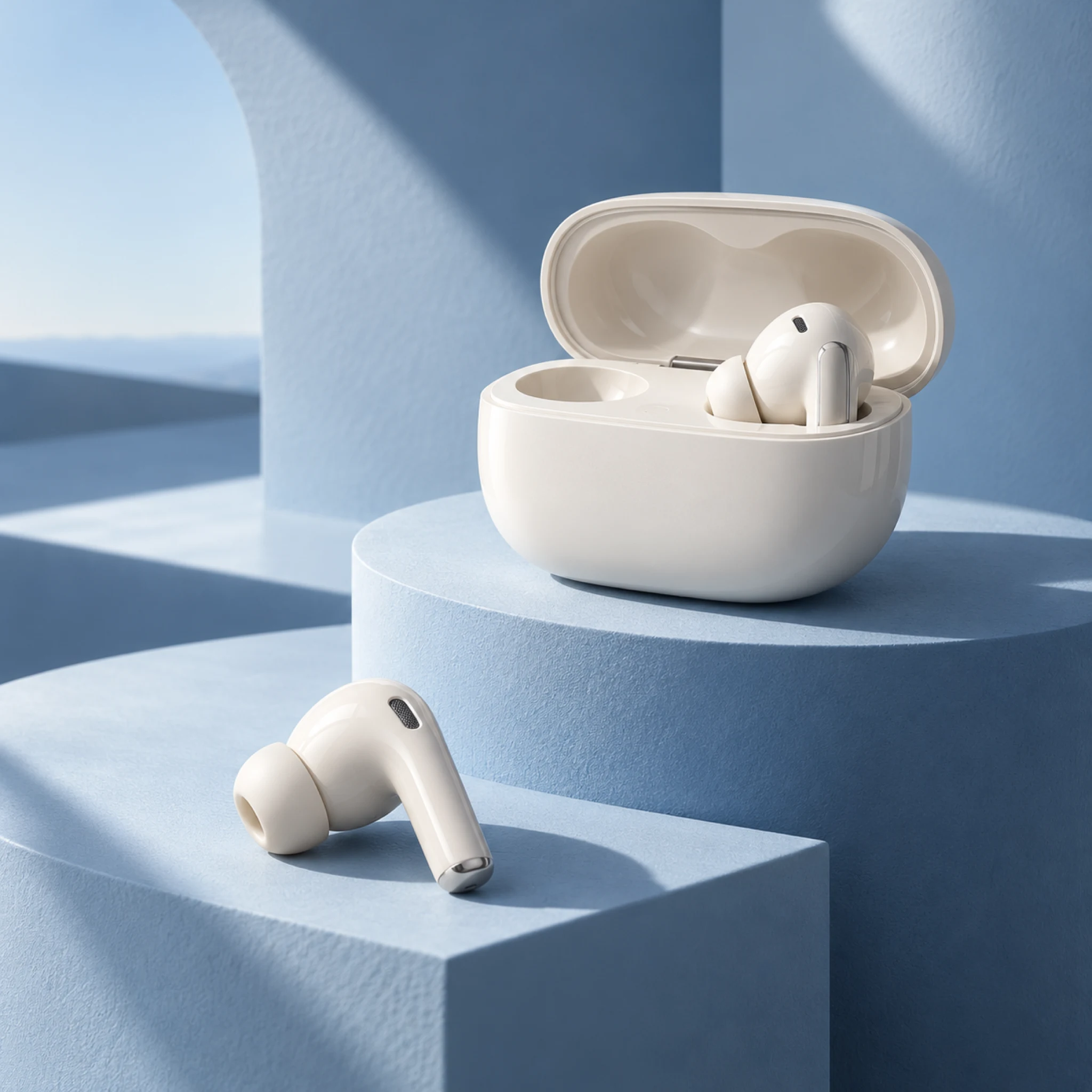 White wireless earbuds and charging case on a pale blue display stand