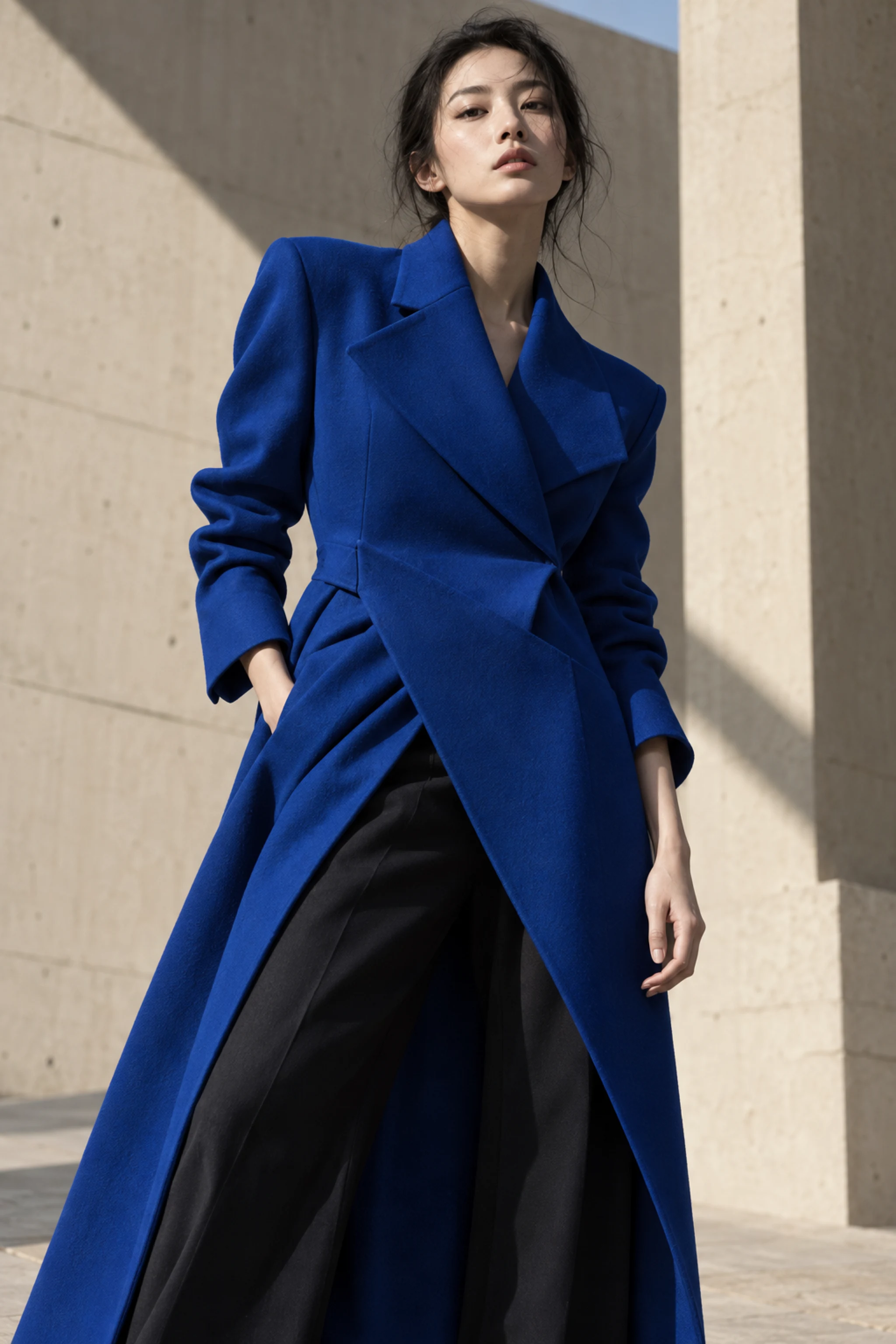 Fashion portrait of a woman in a long blue coat against an architectural backdrop