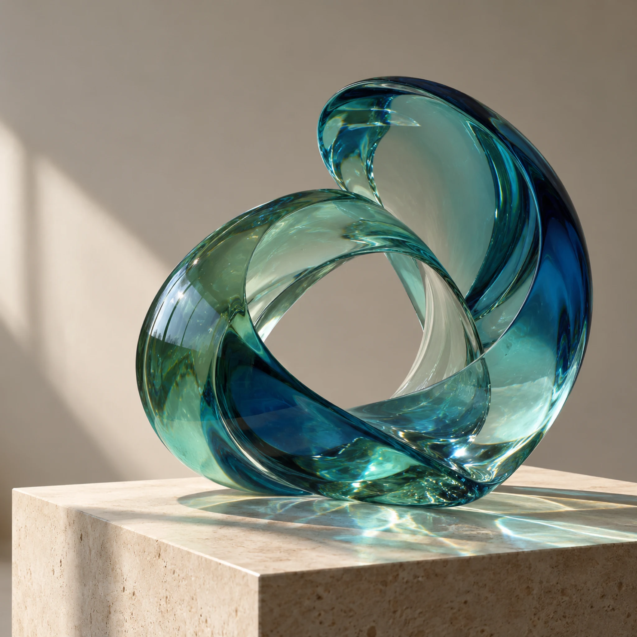 Blue-green ring-shaped glass sculpture