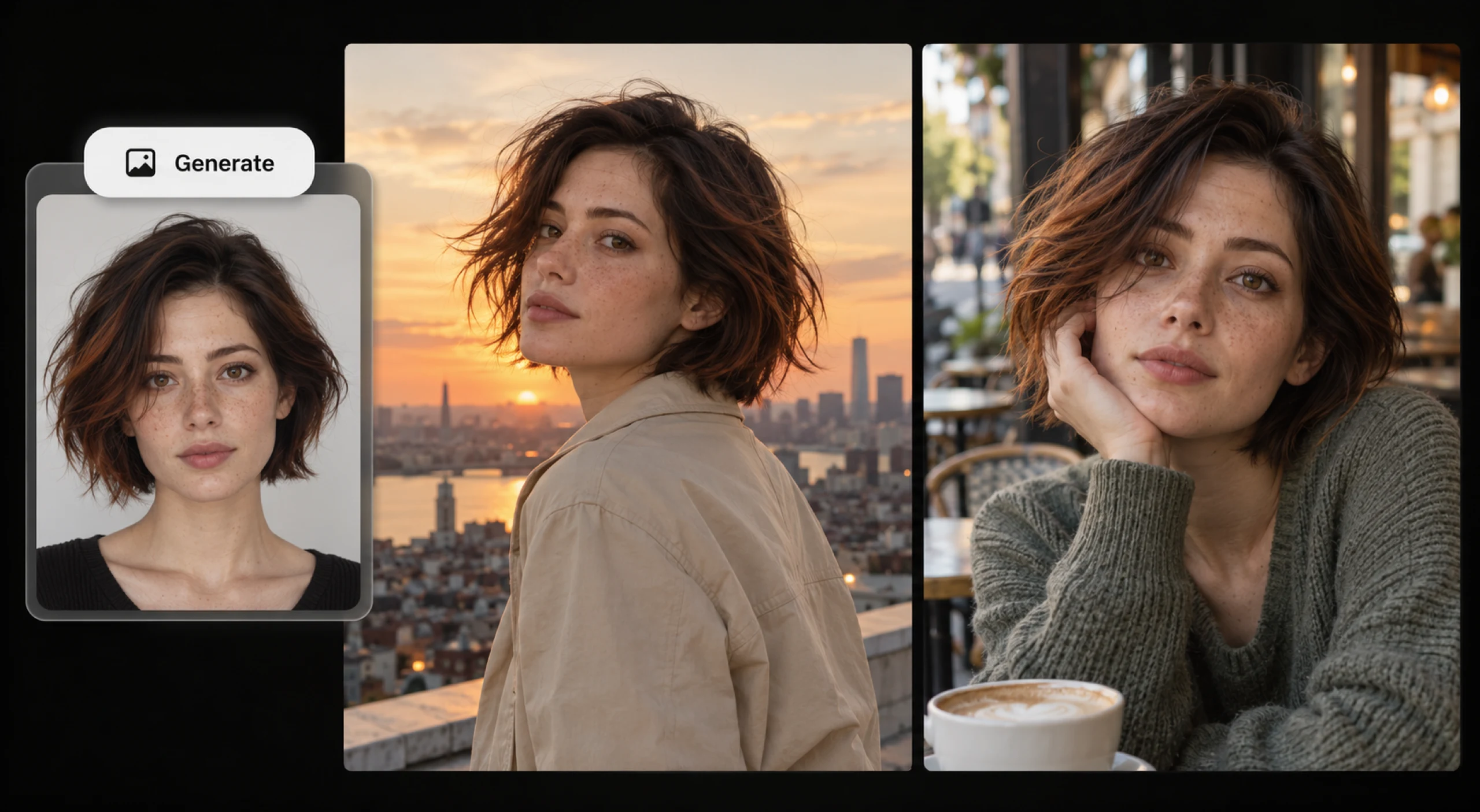 Portrait reference explored in a sunset city and a cafe setting