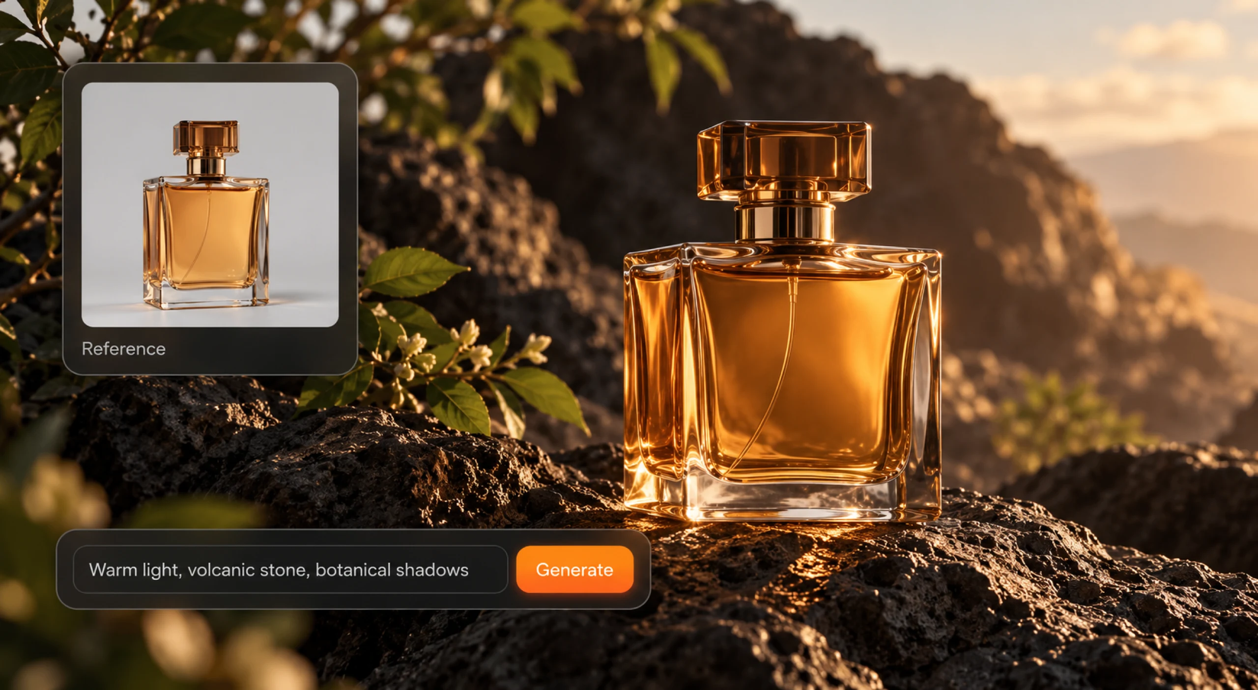 Perfume bottle reference transformed into a warm volcanic-stone product scene