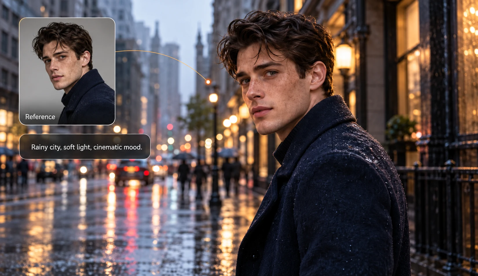 Portrait of a man on a rainy night