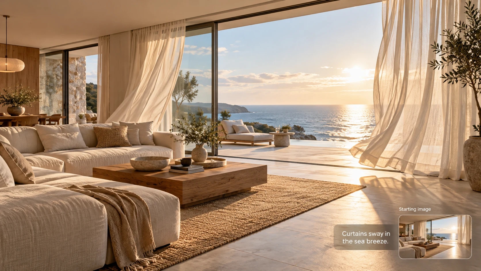 Coastal living room motion concept with billowing curtains and an inset starting-image illustration