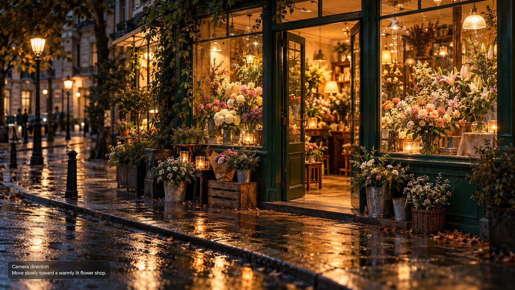 Warmly lit flower shop on a wet night street illustrating a slow camera approach