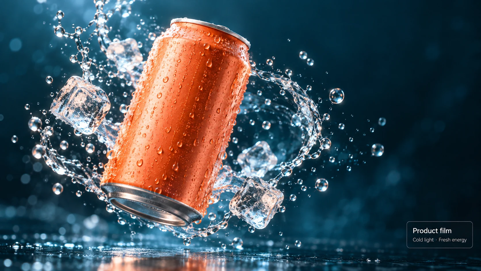 Orange drink can surrounded by splashing water and ice in a product motion concept