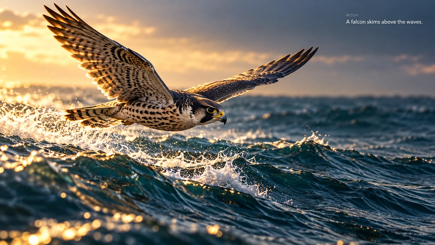 Falcon skimming above ocean waves in warm sunset light