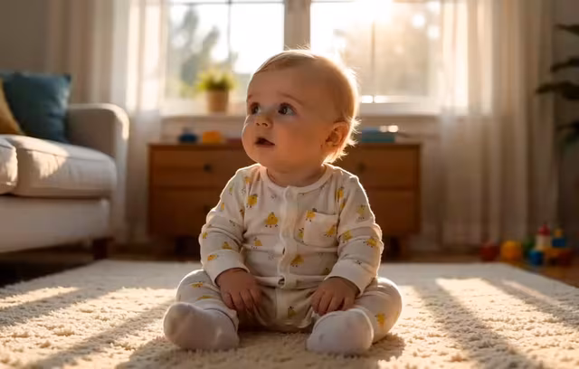 Warm baby video preview in a soft home setting
