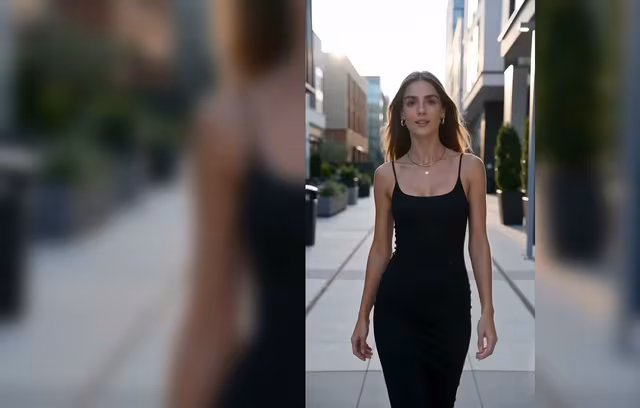 Full-body bouncy walk video preview with a city walking subject