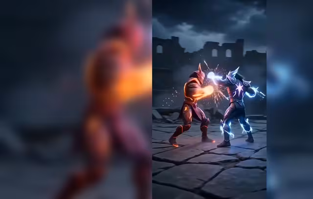 AI fight generator preview with two characters clashing energy