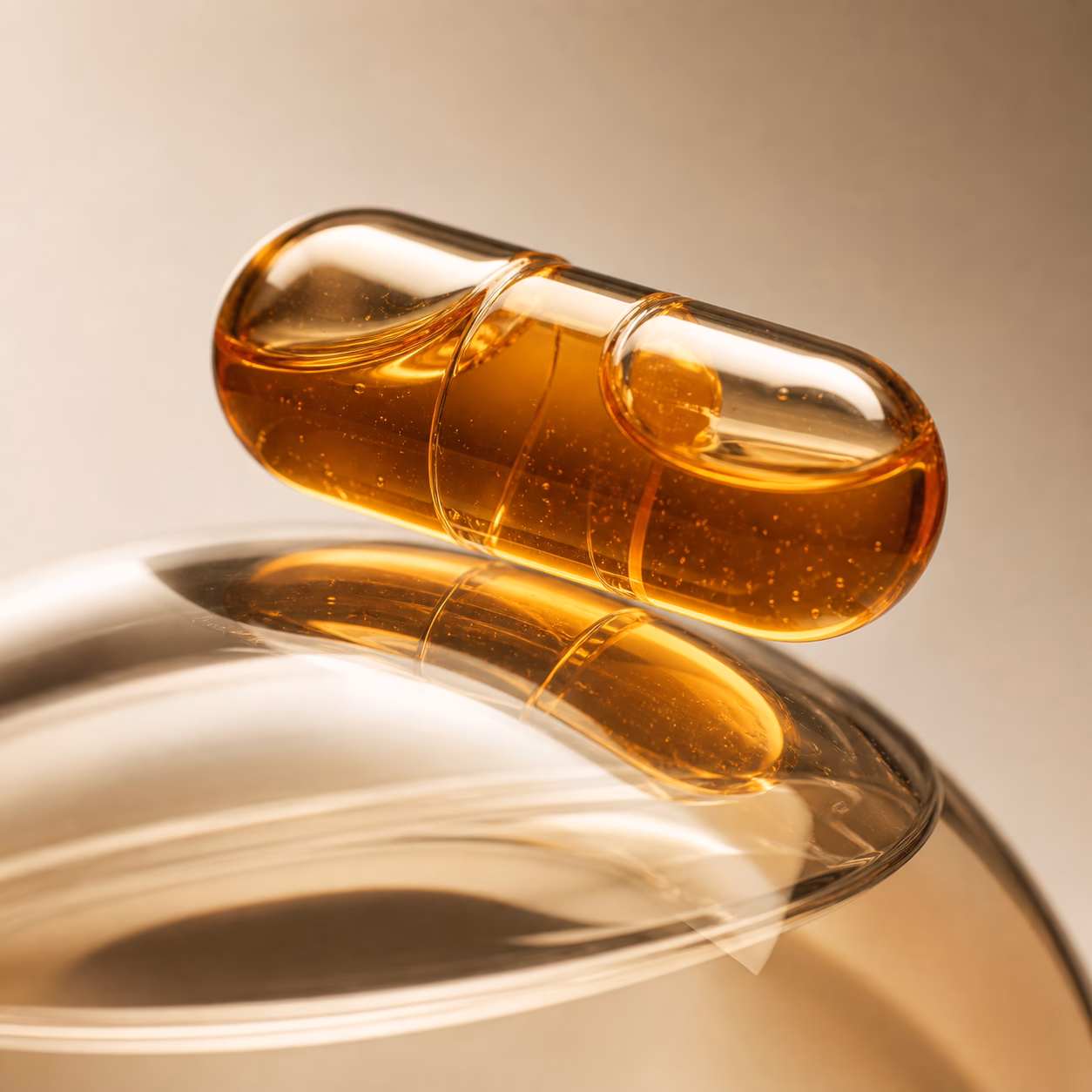 AI product macro image with amber serum texture and glossy commercial lighting.