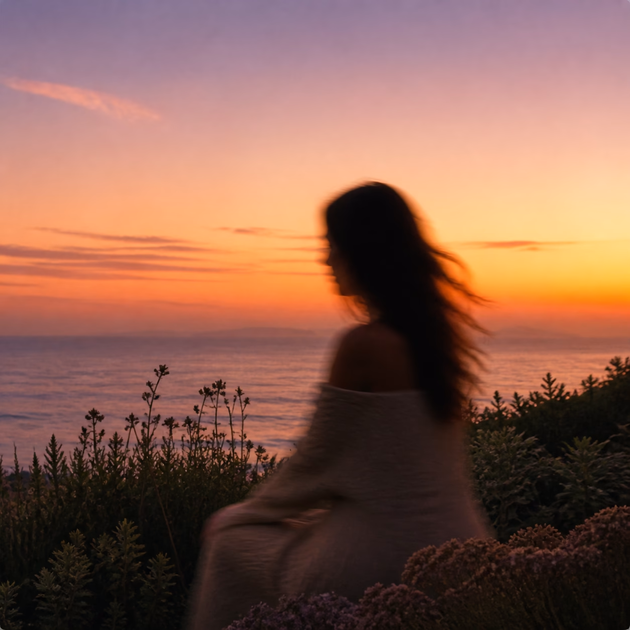 AI sunset coastal scene with a dreamlike figure and warm sky colors.