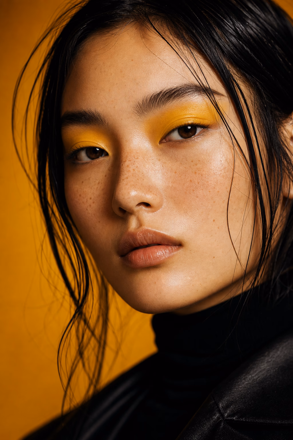 AI editorial face closeup with yellow makeup and high-detail portrait lighting.