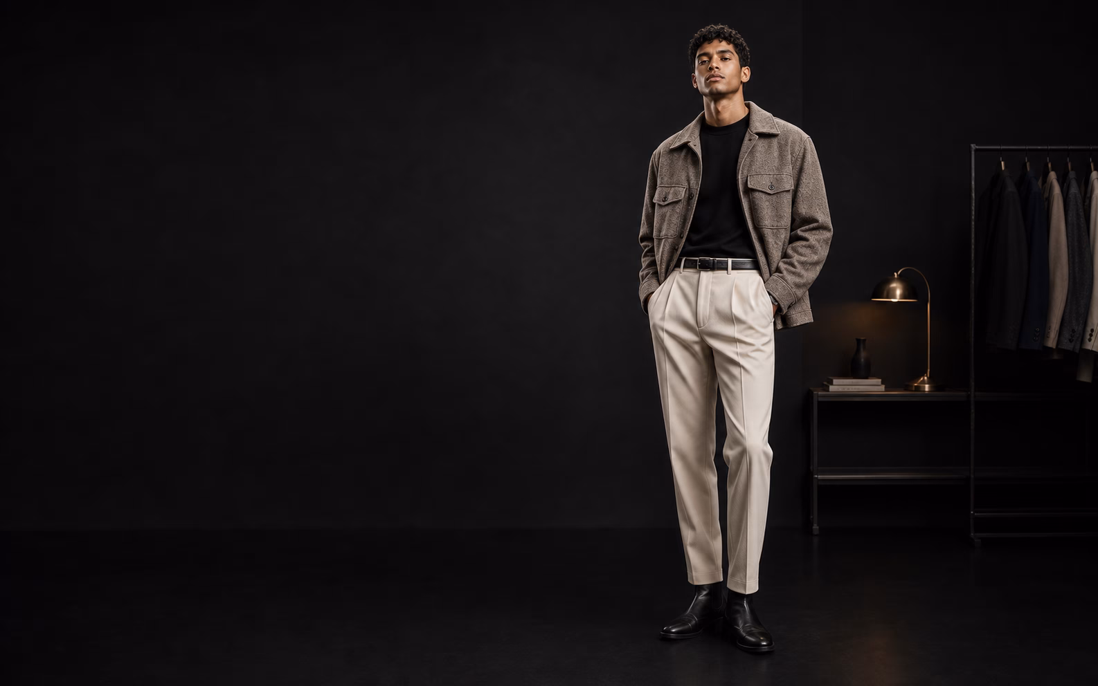 AI outfit generator virtual styling preview with a model wearing a complete everyday outfit.