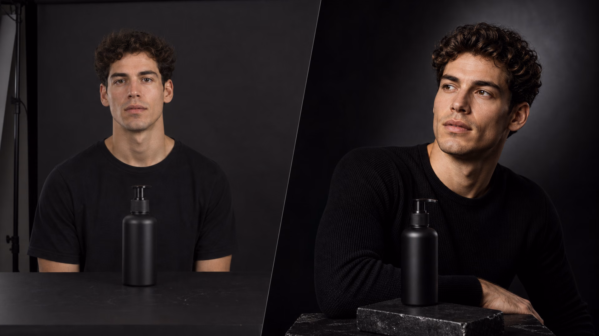 AI photoshoot transformation from a simple source photo to a polished studio result